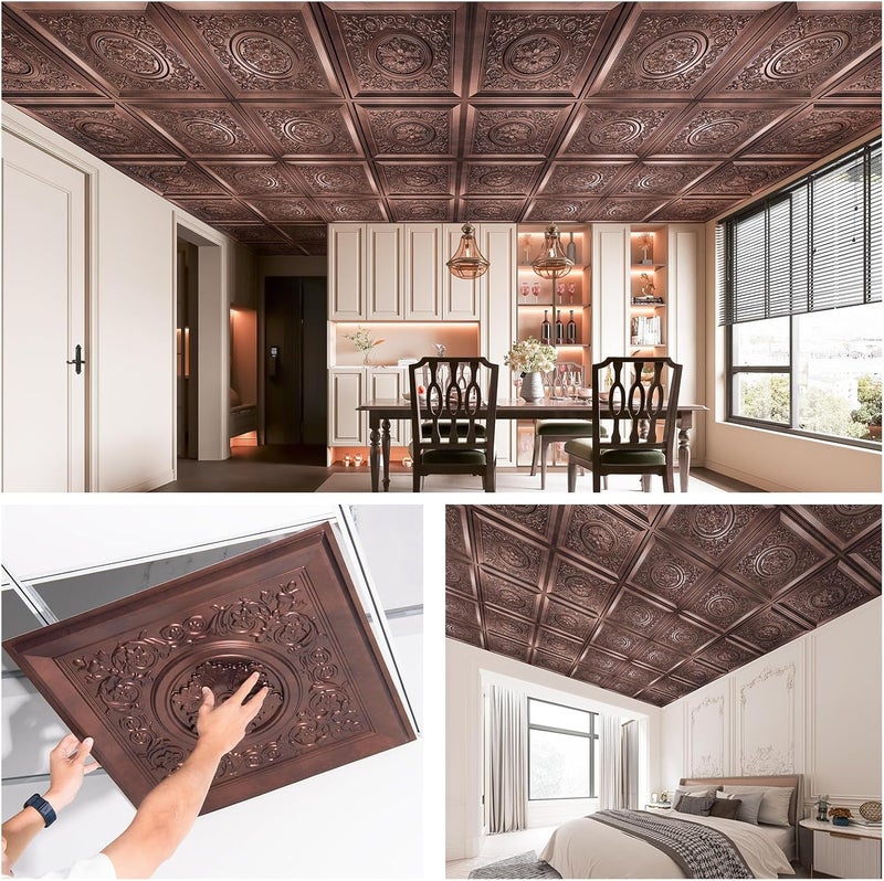WOWSTAR 12-Pack 24"x24" 3D Drop Ceiling Tiles, Waterproof Glue up Ceiling Panels, Antique Copper - Image 5